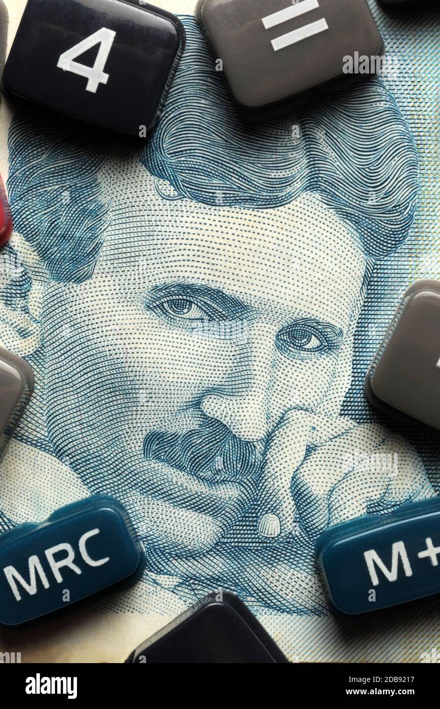 Close up on serbian banknote with portrait of Nikola Tesla Stock Photo