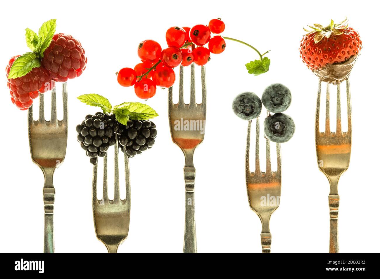 Different berries on a fork white isolated Stock Photo Alamy