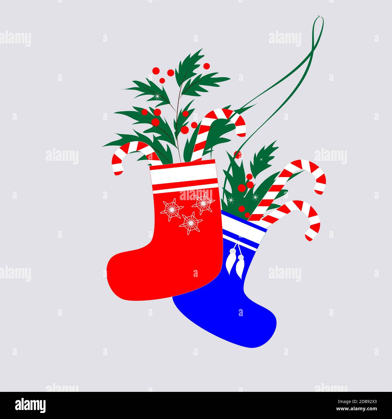 santa claus socks, christmas composition with holly and caramel Stock Vector