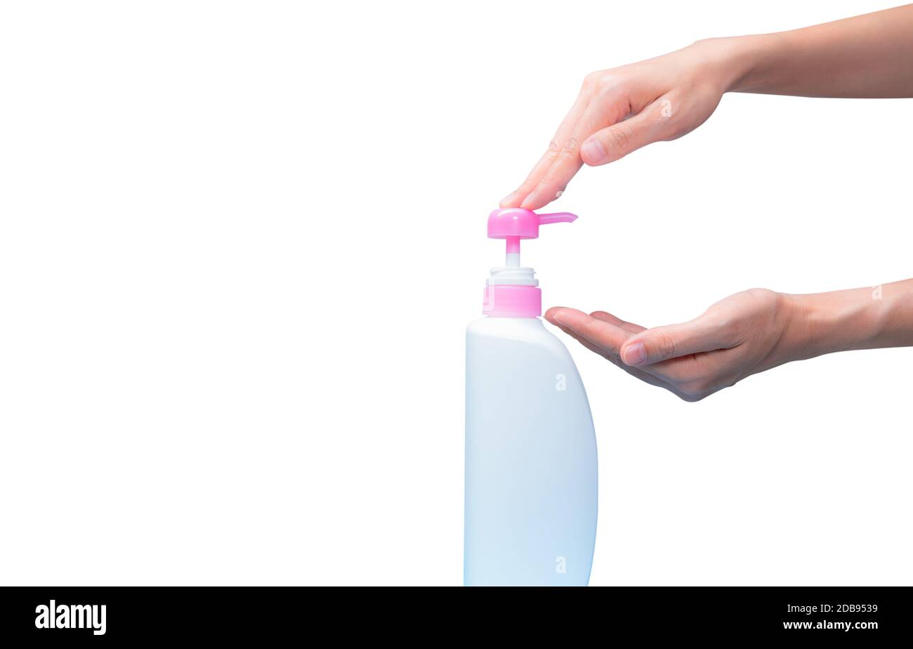 Woman hand pressed on pump cosmetic bottle isolated on white. Shampoo or  hair conditioner plastic bottle and dispenser pump. Body soap or shower gel  p Stock Photo - Alamy