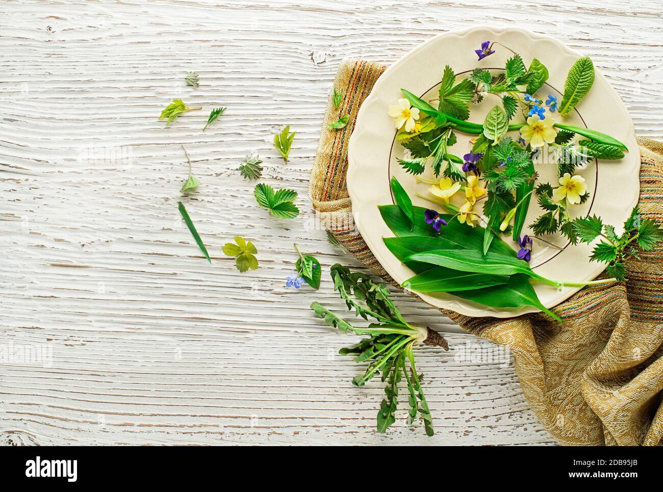 Healthy spring food ingredients. Dandelion, wild garlic, flowers and ...