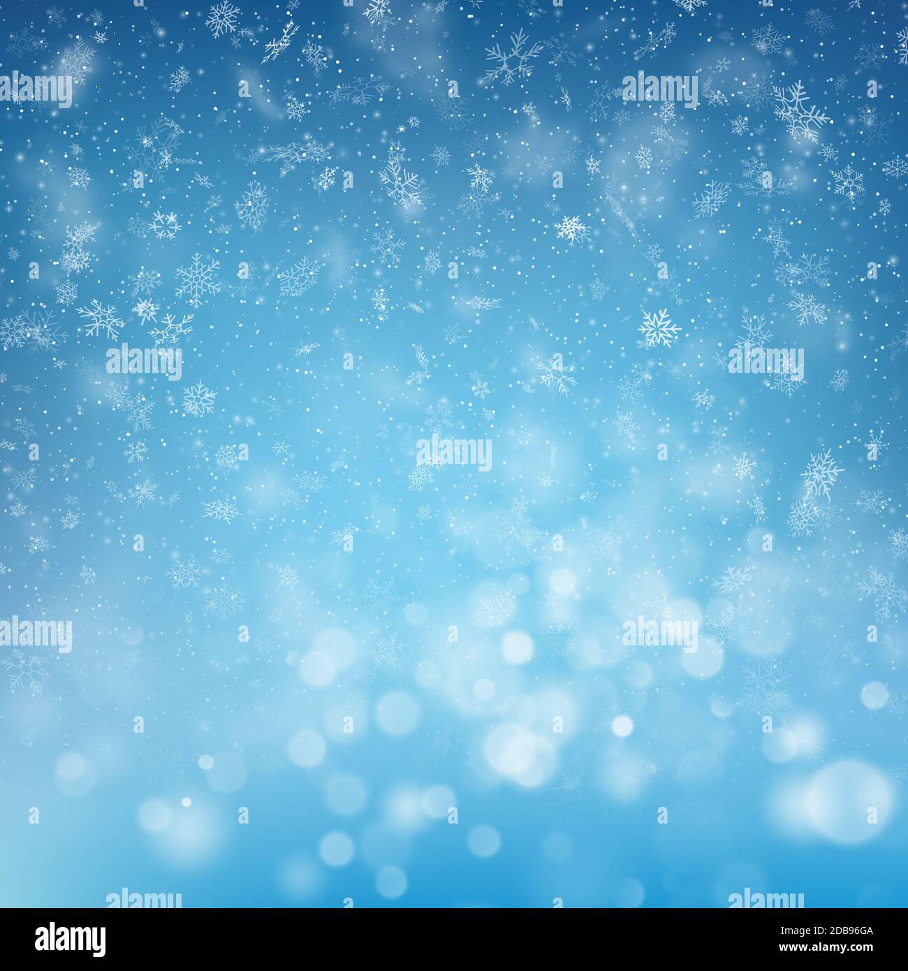 Blurred bokeh light snowflakes on blue background. Christmas and New Year holidays template. Abstract glitter defocused blinking stars and sparks. EPS Stock Photo