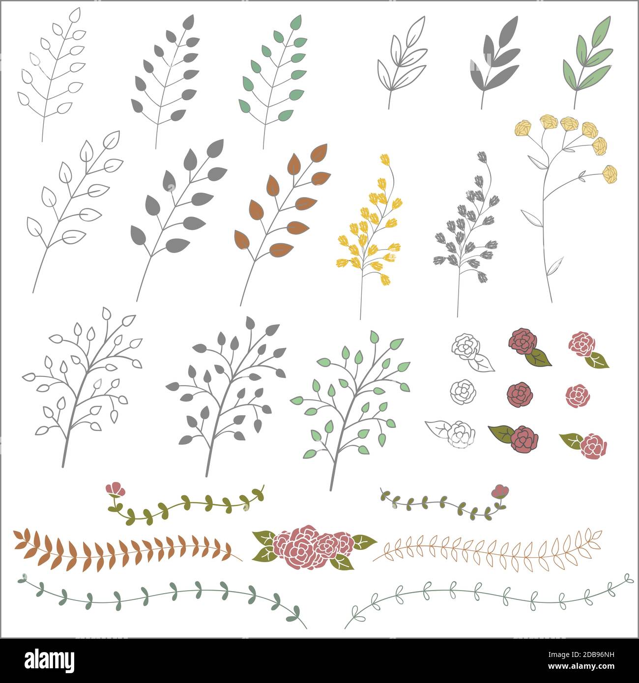 Hand drawn vintage floral elements. Set of branches, icons and ...