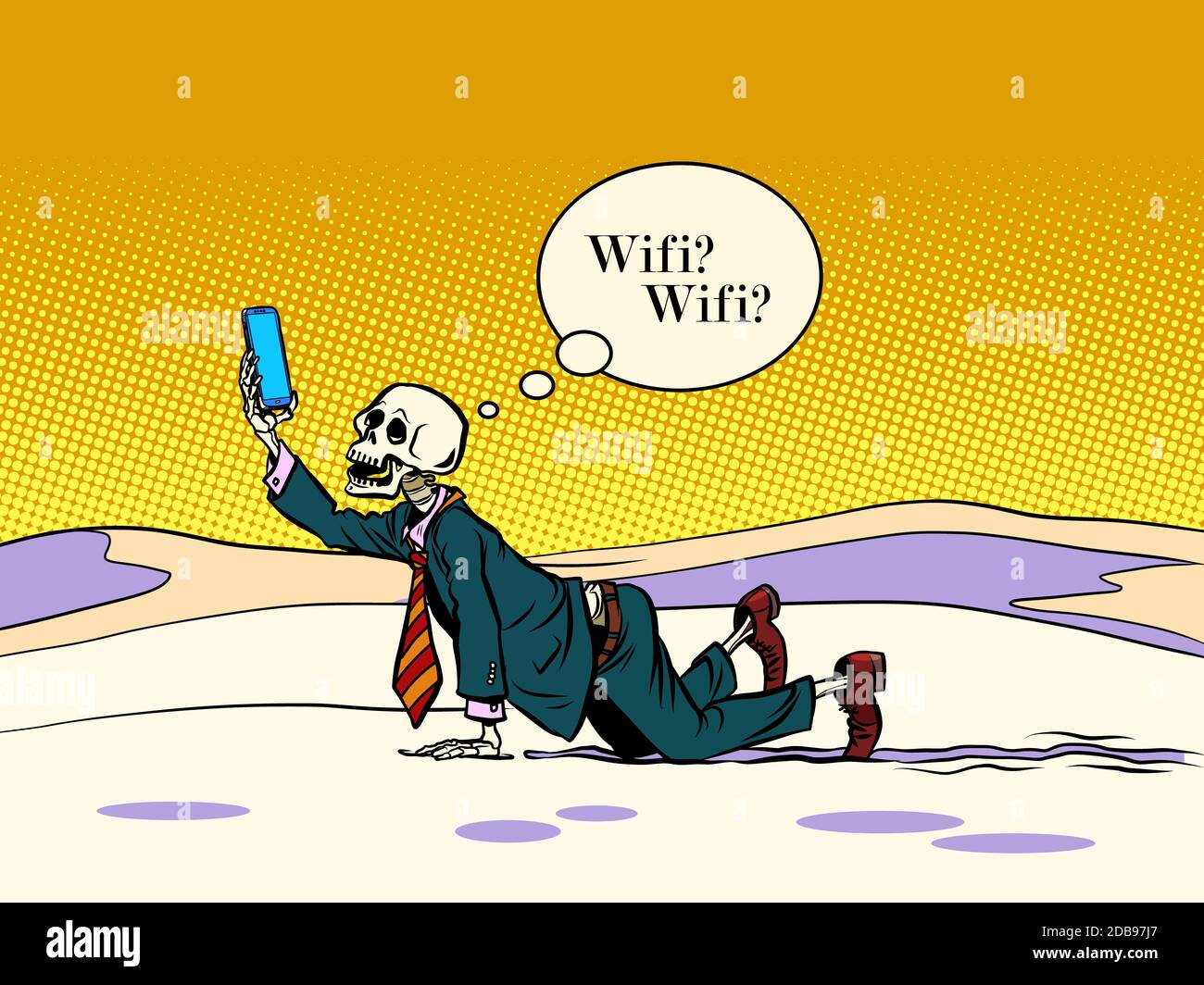 skeleton businessman looking for Wi Fi. Comics caricature pop art retro illustration drawing Stock Photo