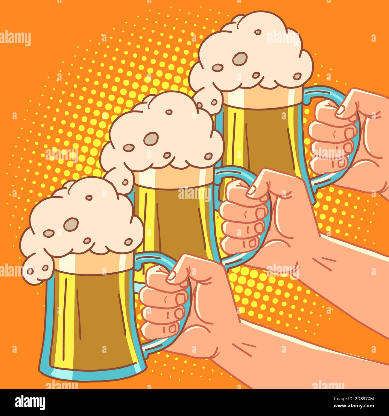 toast at a party foam beer in a mug. Comic cartoon pore art retro vector kitsch vintage Stock