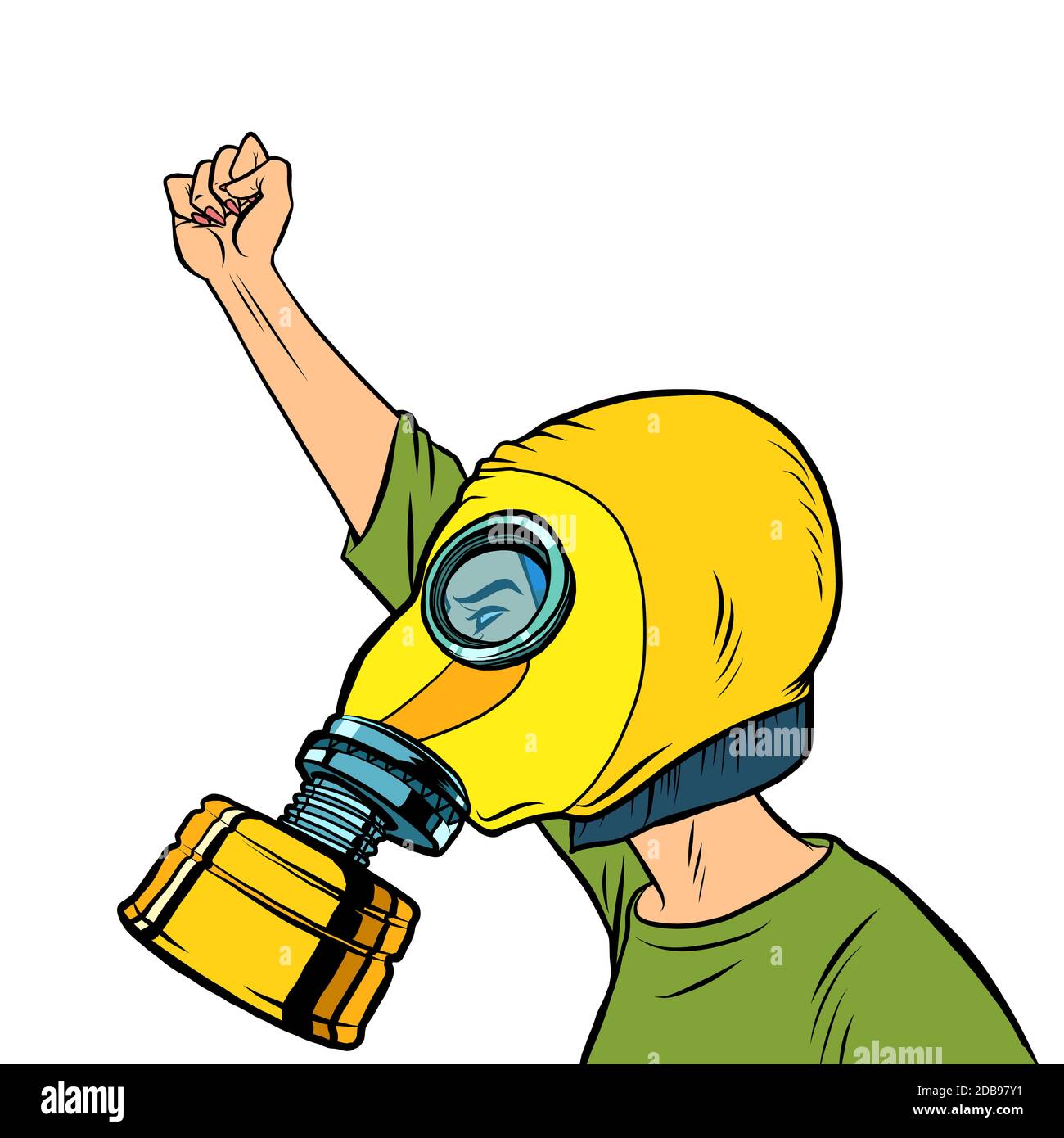 Protester in a gas mask. Protest for clean air. Comics caricature pop art retro illustration drawing Stock Photo