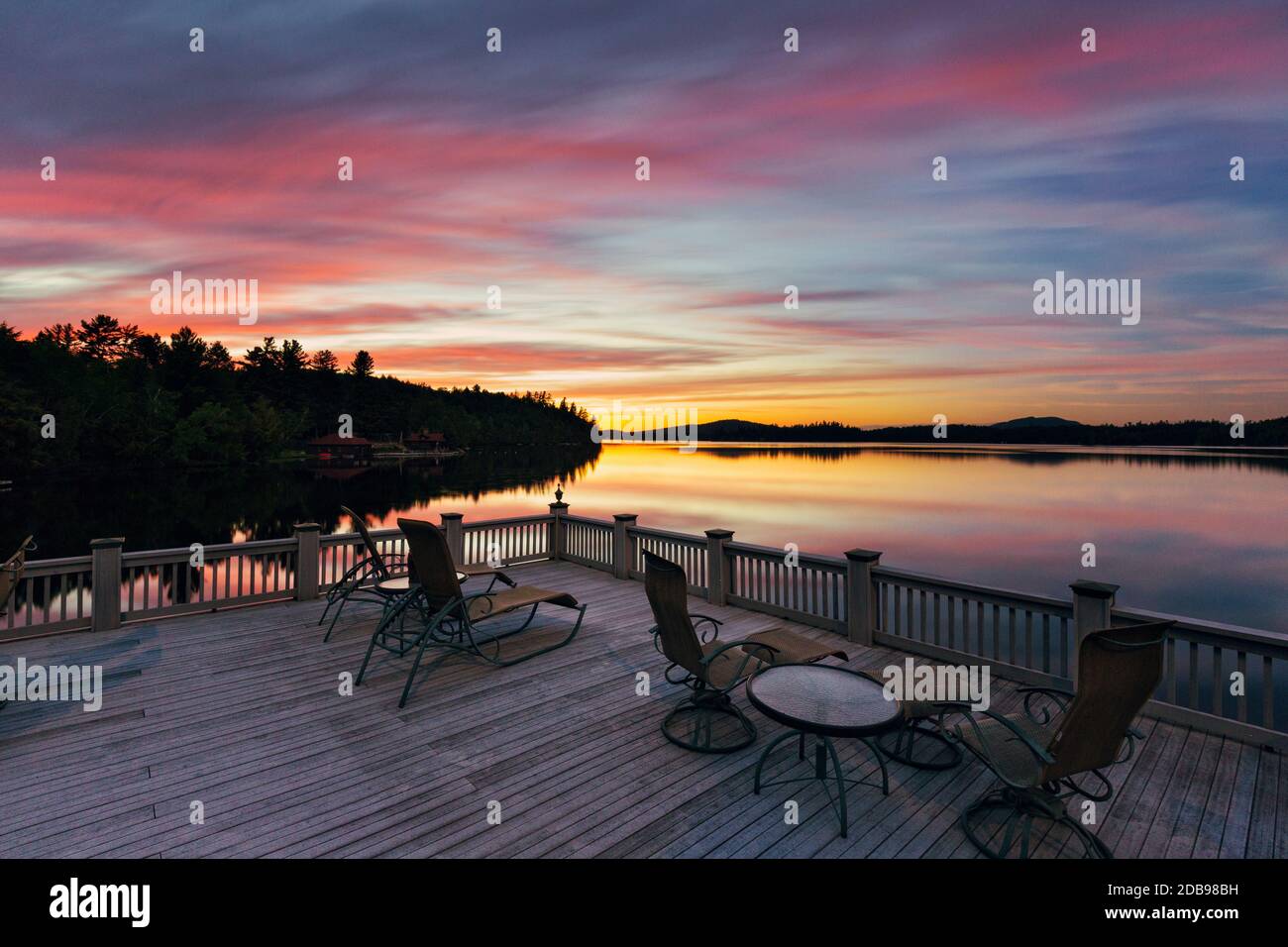 Wooden terrace on lakeshore of Upper Saranac Lake, New York, USA Stock Photo Alamy