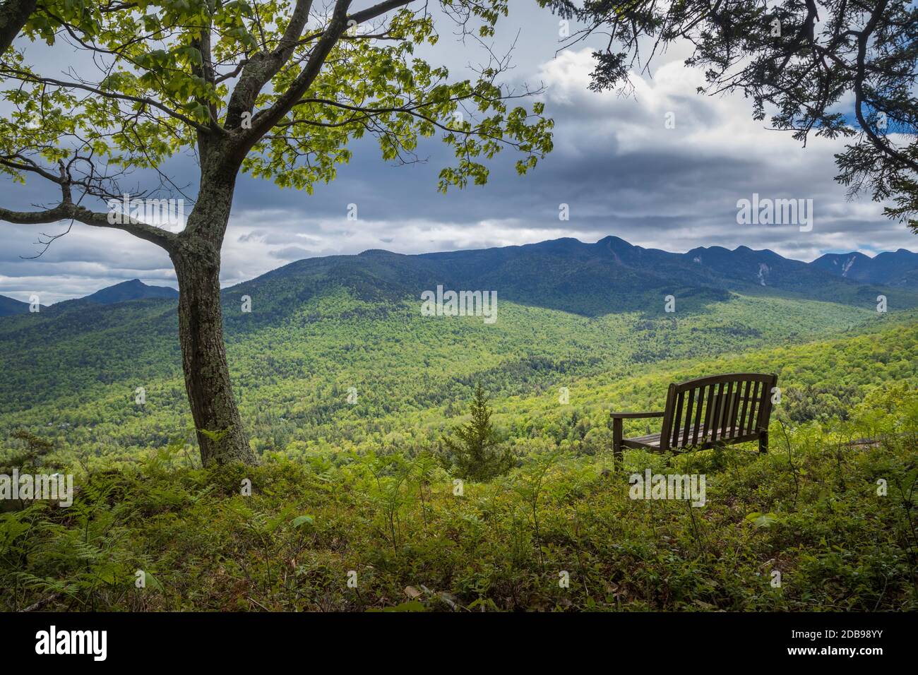 Adrian'sÃ‚Â Acres bench viewpoint over Johns Brook Valley and Adirondack High Peaks, KeeneÃ‚Â Valley, New York State, USA Stock Photo