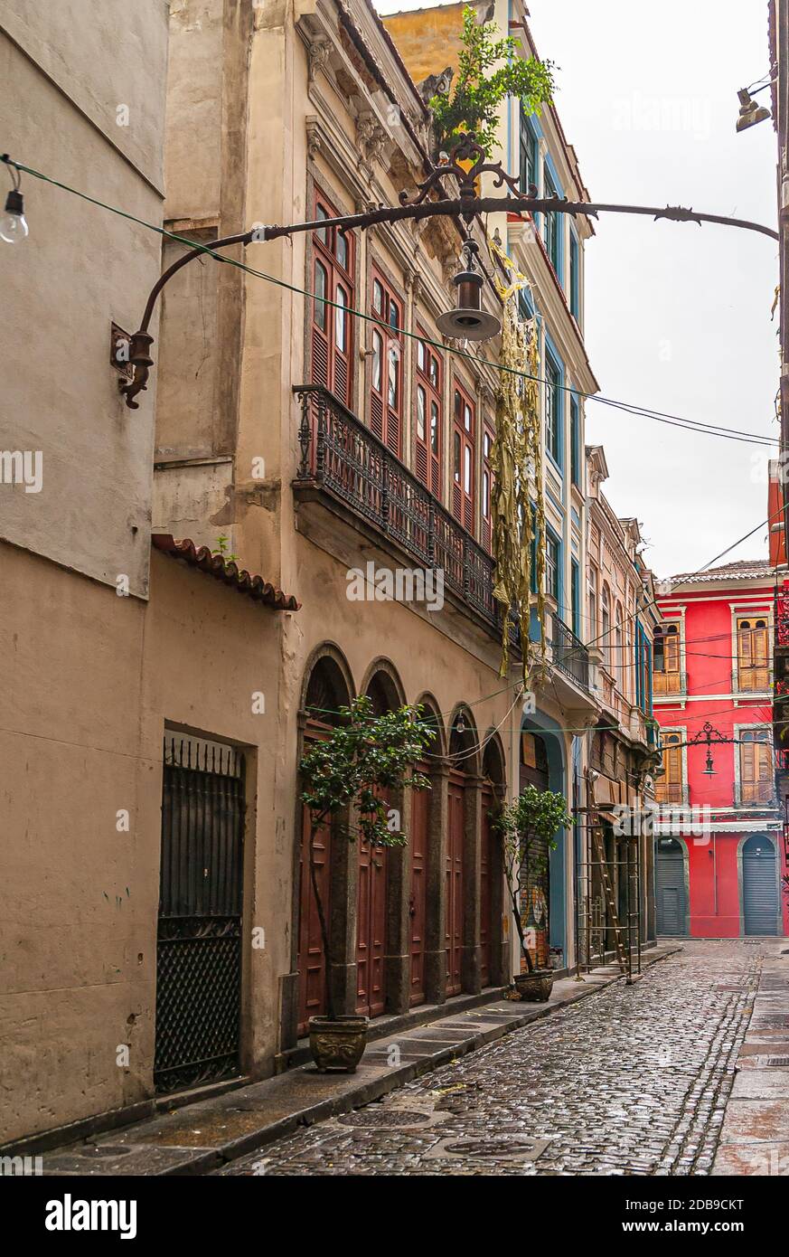 Rio de Janeiro, Brazil - December 26, 2008: El Centro district. Colorful facades and doors in alley, Tv do Commercio, just past Arco do Telles. Stock Photo