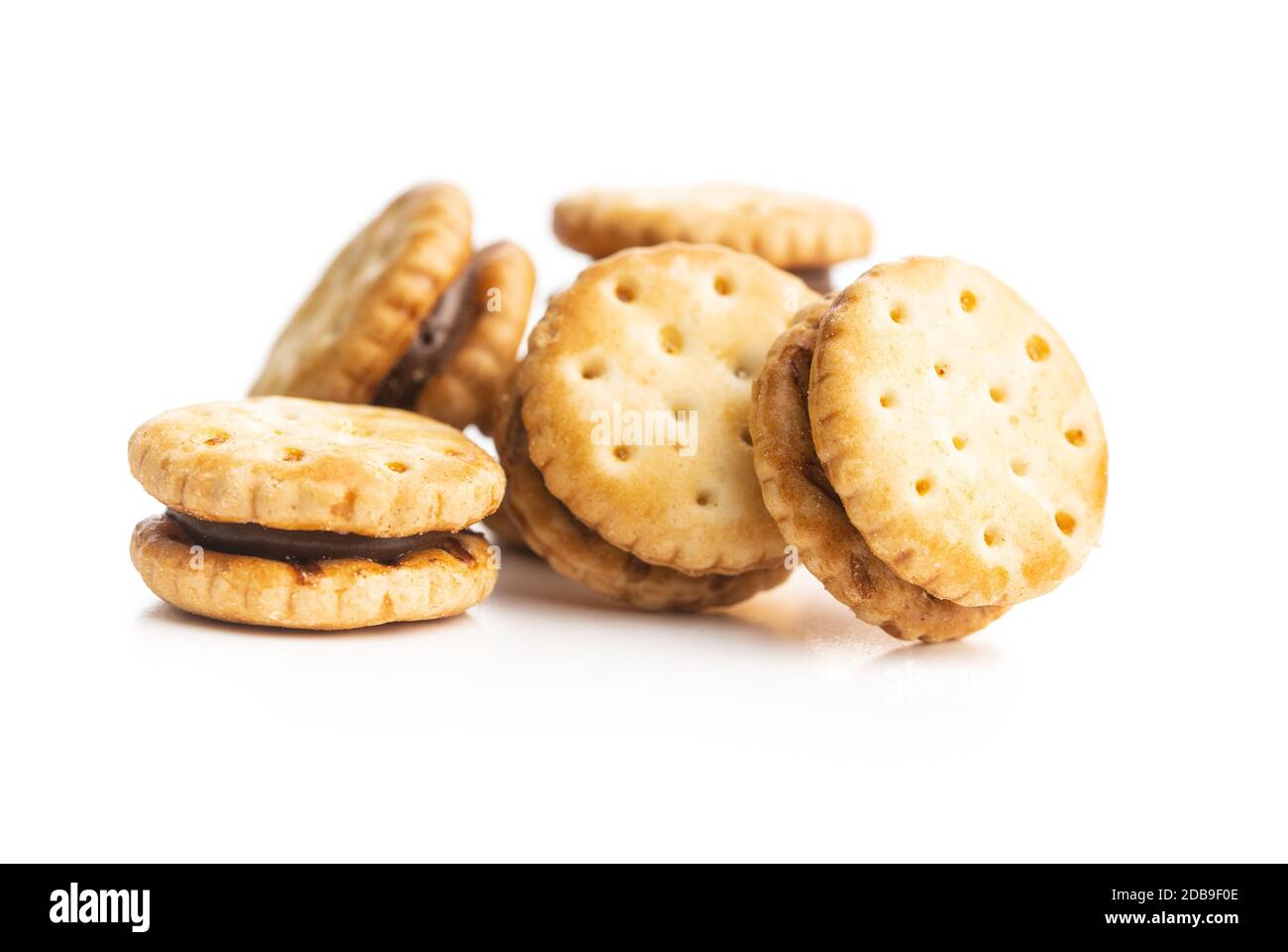 Mini cream sandwich cookies isolated on white background. Stock Photo