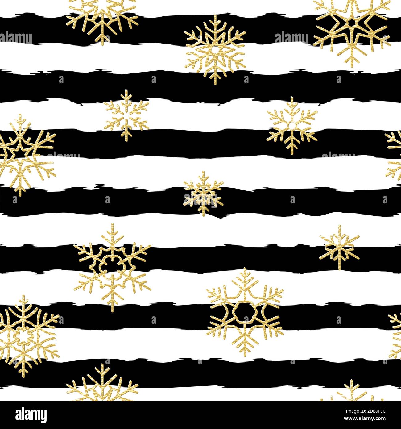 Seamless pattern design. Gold glittering snowflakes on black and white ...