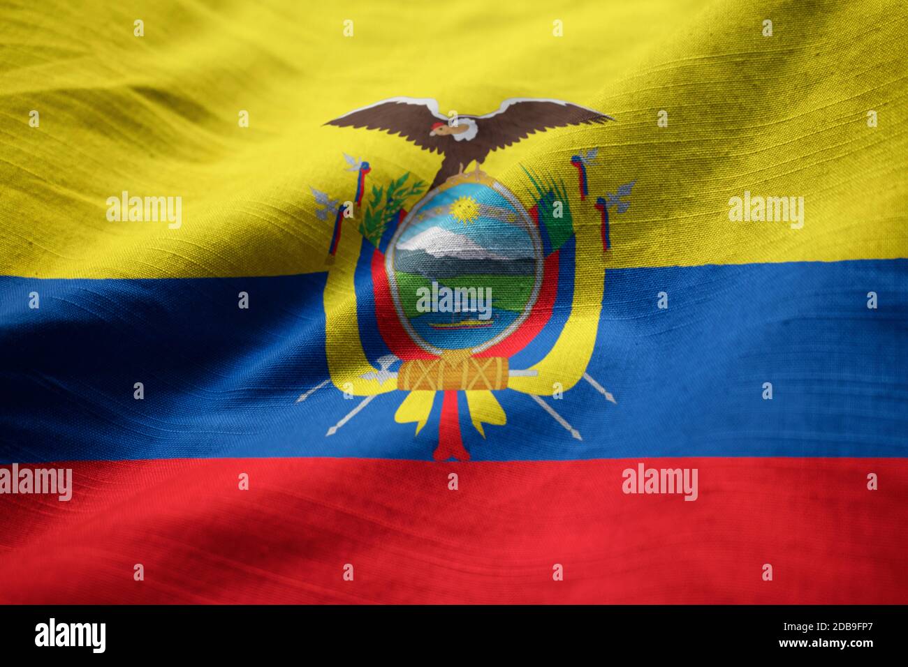 Closeup of Ruffled Ecuador Flag, Ecuador Flag Blowing in Wind Stock Photo
