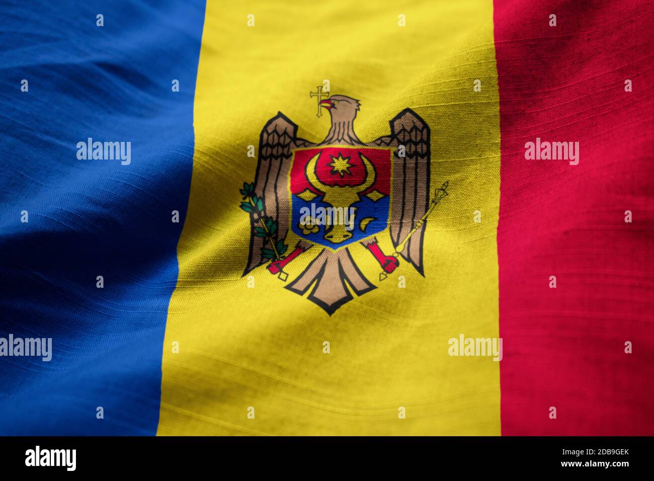 Closeup of Ruffled Moldova Flag, Moldova Flag Blowing in Wind Stock Photo