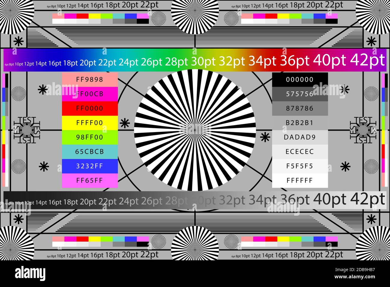 Adjusting camera lens test target colour chart. Tv screen background