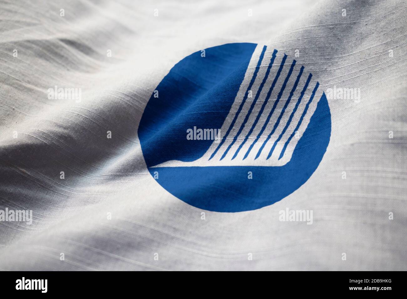 Closeup of Ruffled Nordic Council Flag, Nordic Council Flag Blowing in Wind Stock Photo