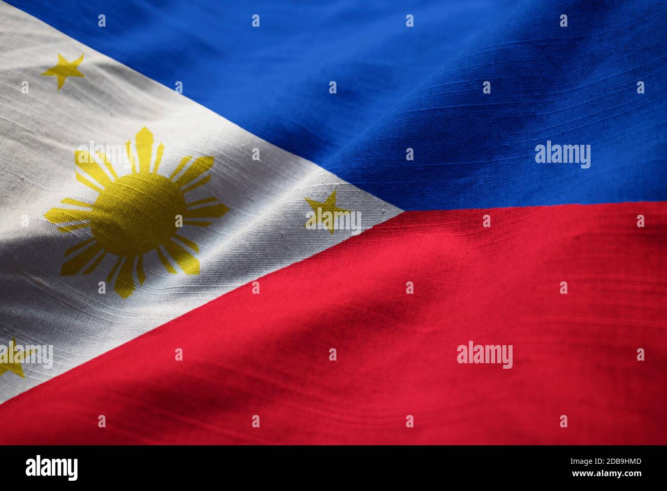 Closeup of Ruffled Philippines Flag, Philippines Flag Blowing in Wind Stock Photo