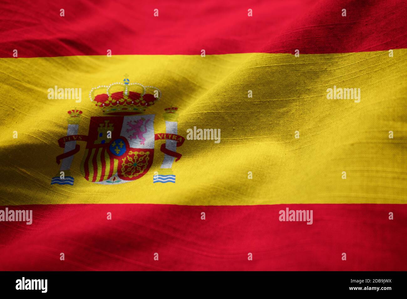 Closeup of Ruffled Spain Flag, Spain Flag Blowing in Wind Stock Photo