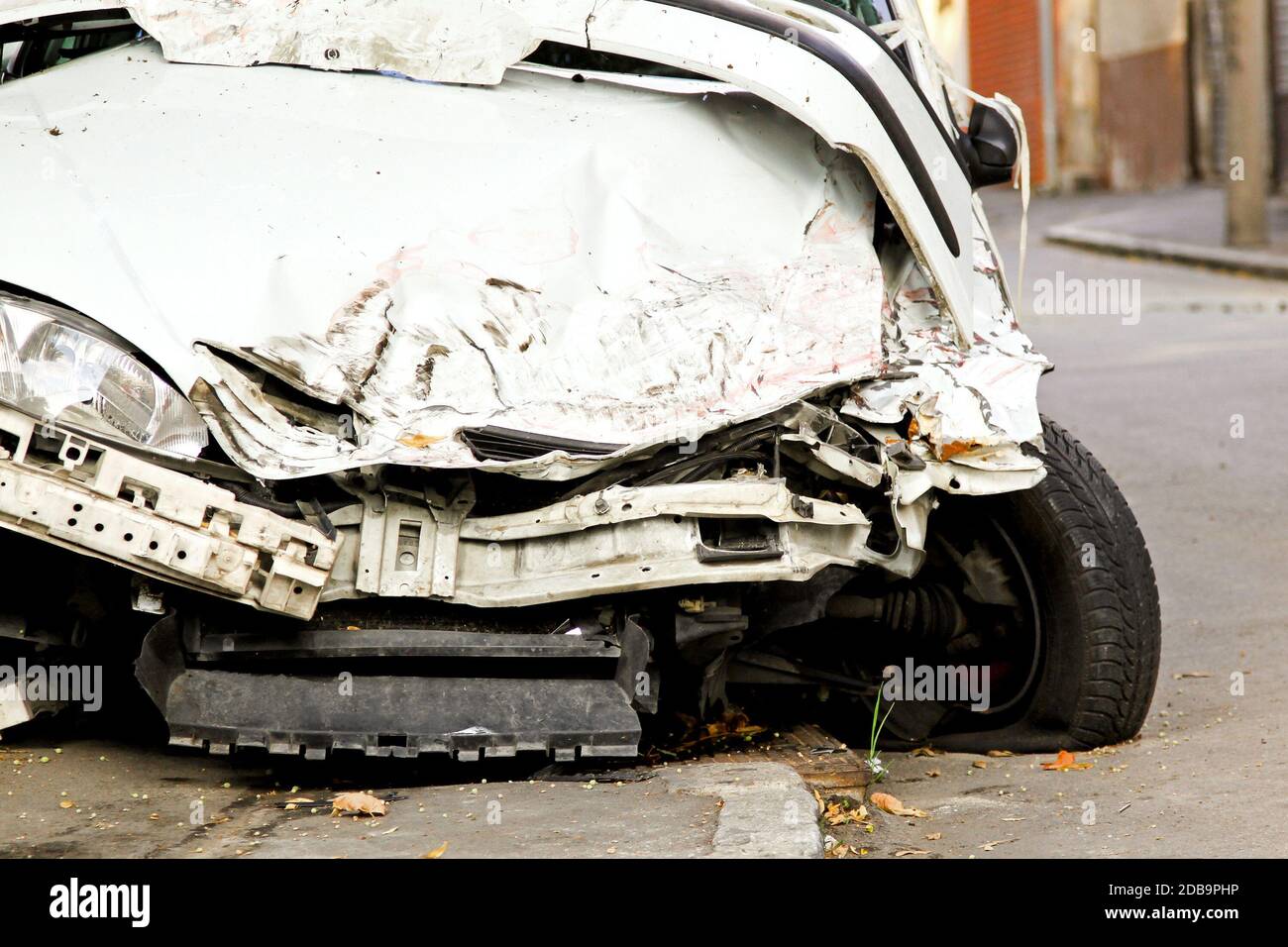 Fatal traffic accident with total damage of white car Stock Photo