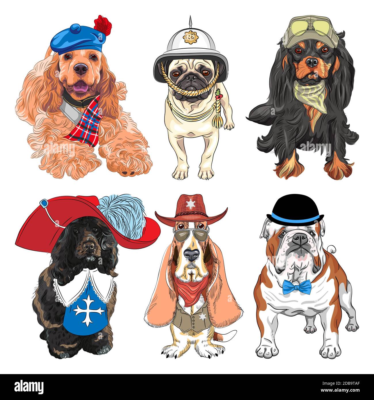 Set of dogs. Cavalier King Charles Spaniel, Basset Hound as sheriff, English Bulldog, Portuguese Water Dog as musketeer, Pug in British helmet Stock Photo