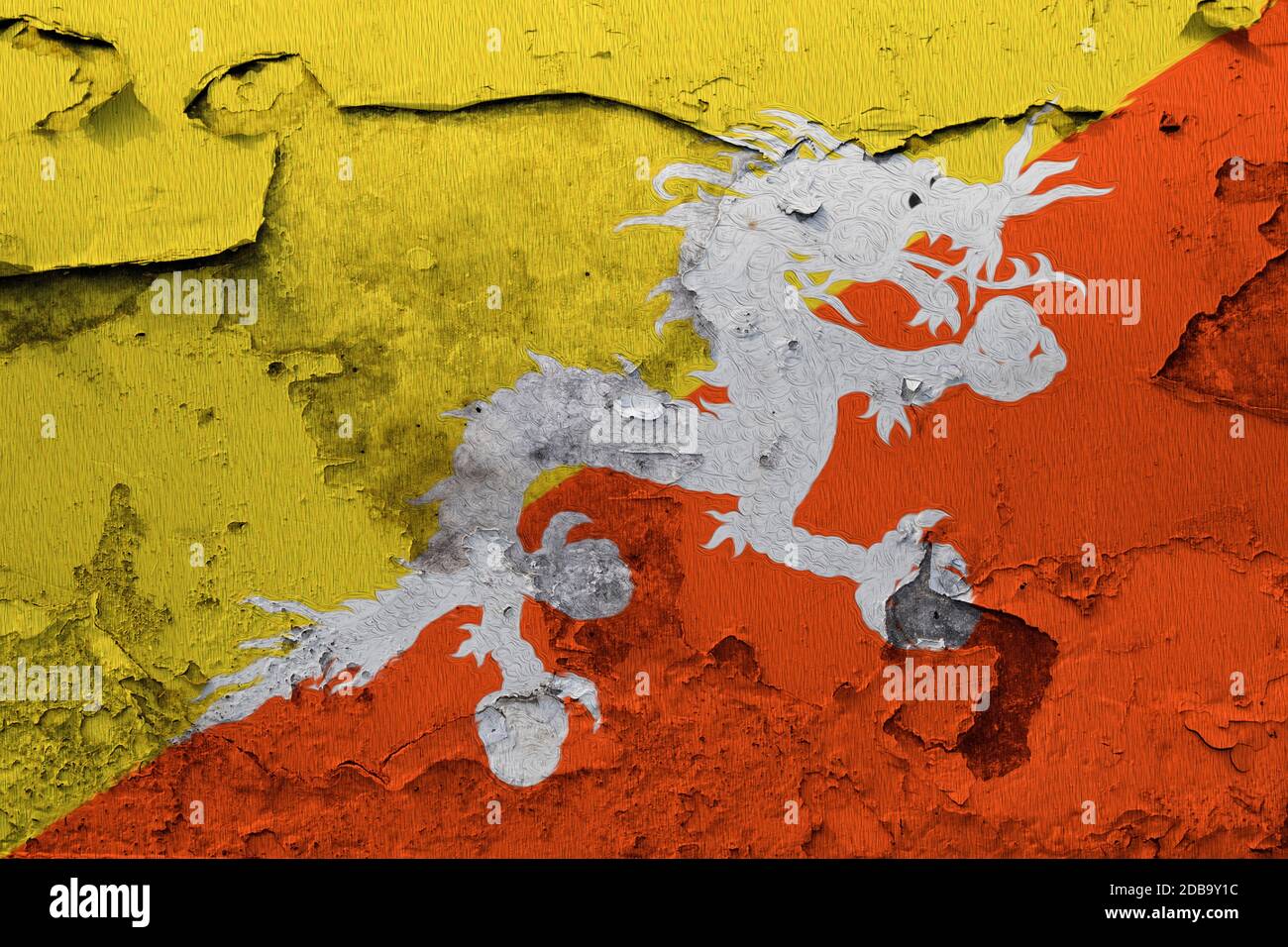 Bhutan flag painted on the cracked grunge concrete wall Stock Photo - Alamy