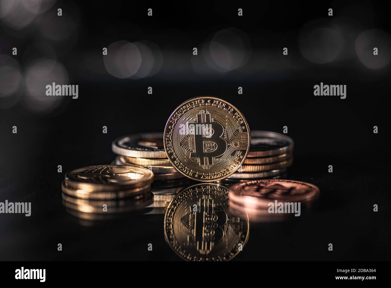 Cryptocurrency on black background. Bitcoin and blockchain system Stock ...