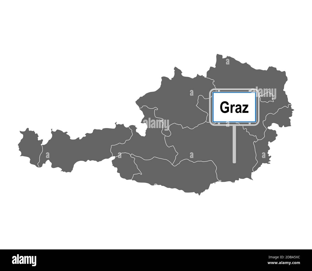 Landkarte von Österreich mit Ortsschild von Graz Stock Photo
