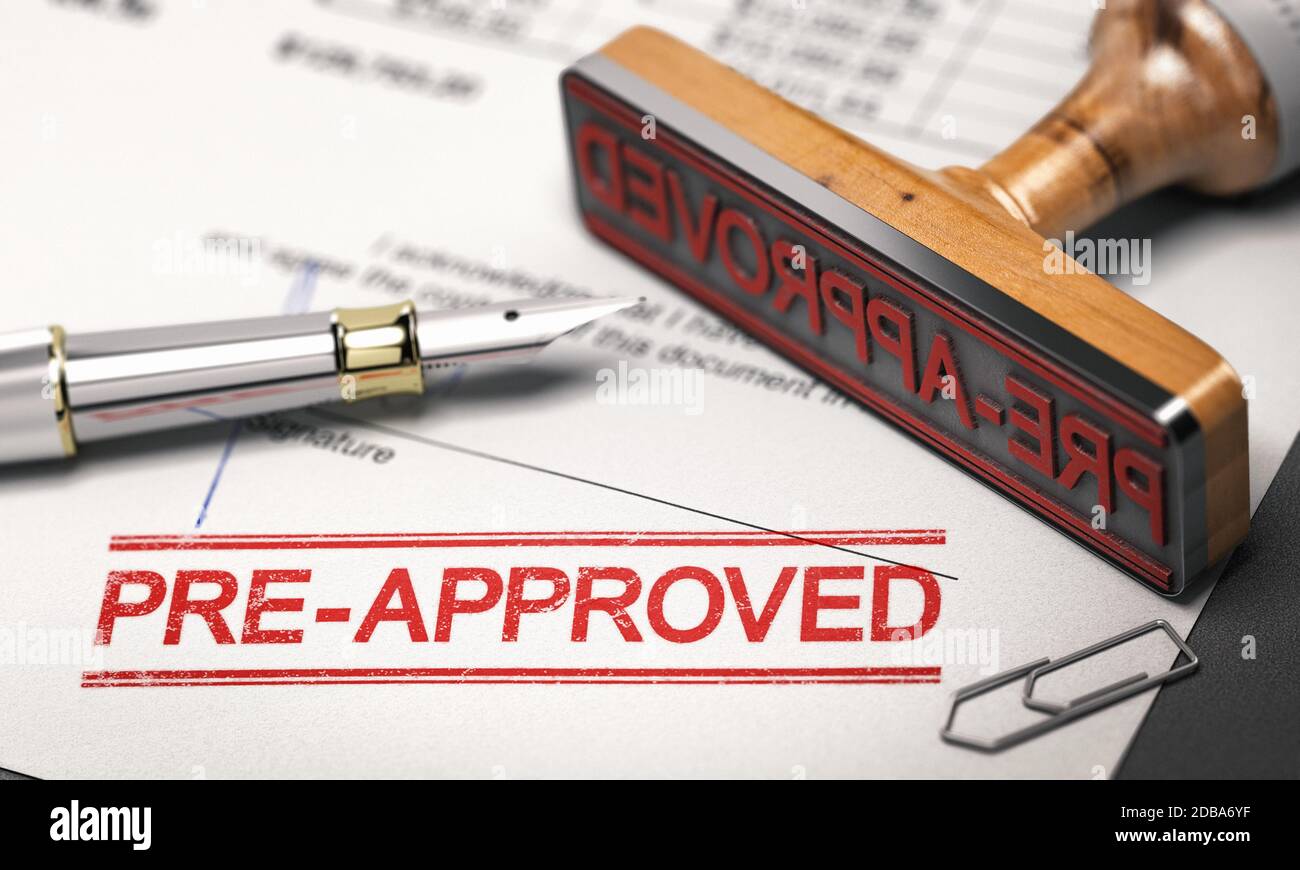 Printed document with rubber stamp and the word pre-approved. Concept of mortgage or loan pre-approval. 3D illustration. Stock Photo
