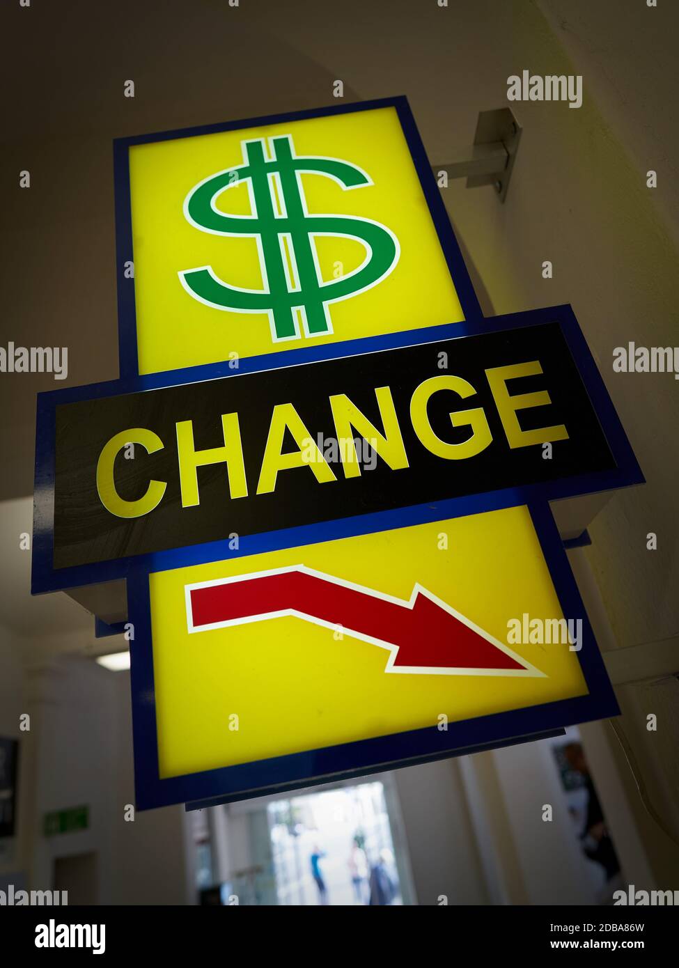 neon sign of an exchange office in front of a shopping centre in Karlovy Vary in the Czech Republic Stock Photo