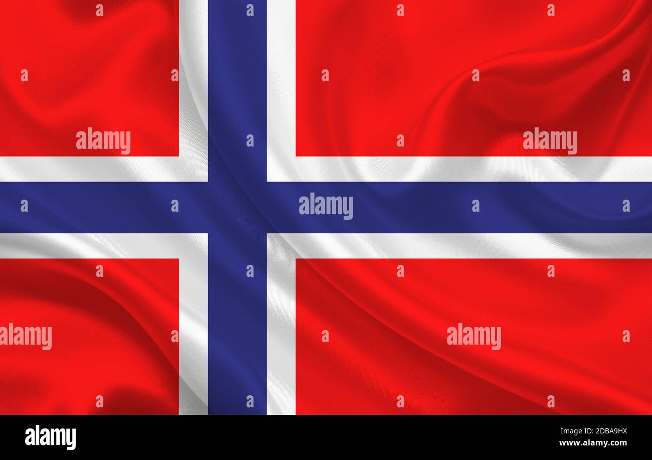 Norway country flag on wavy silk fabric background panorama