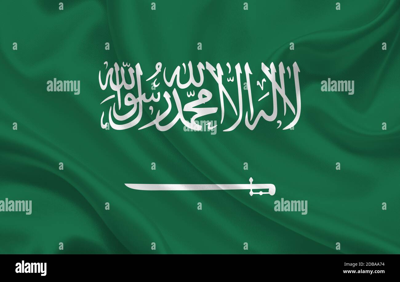 Saudi Arabia country flag on wavy silk fabric panorama background - illustration Stock Photo