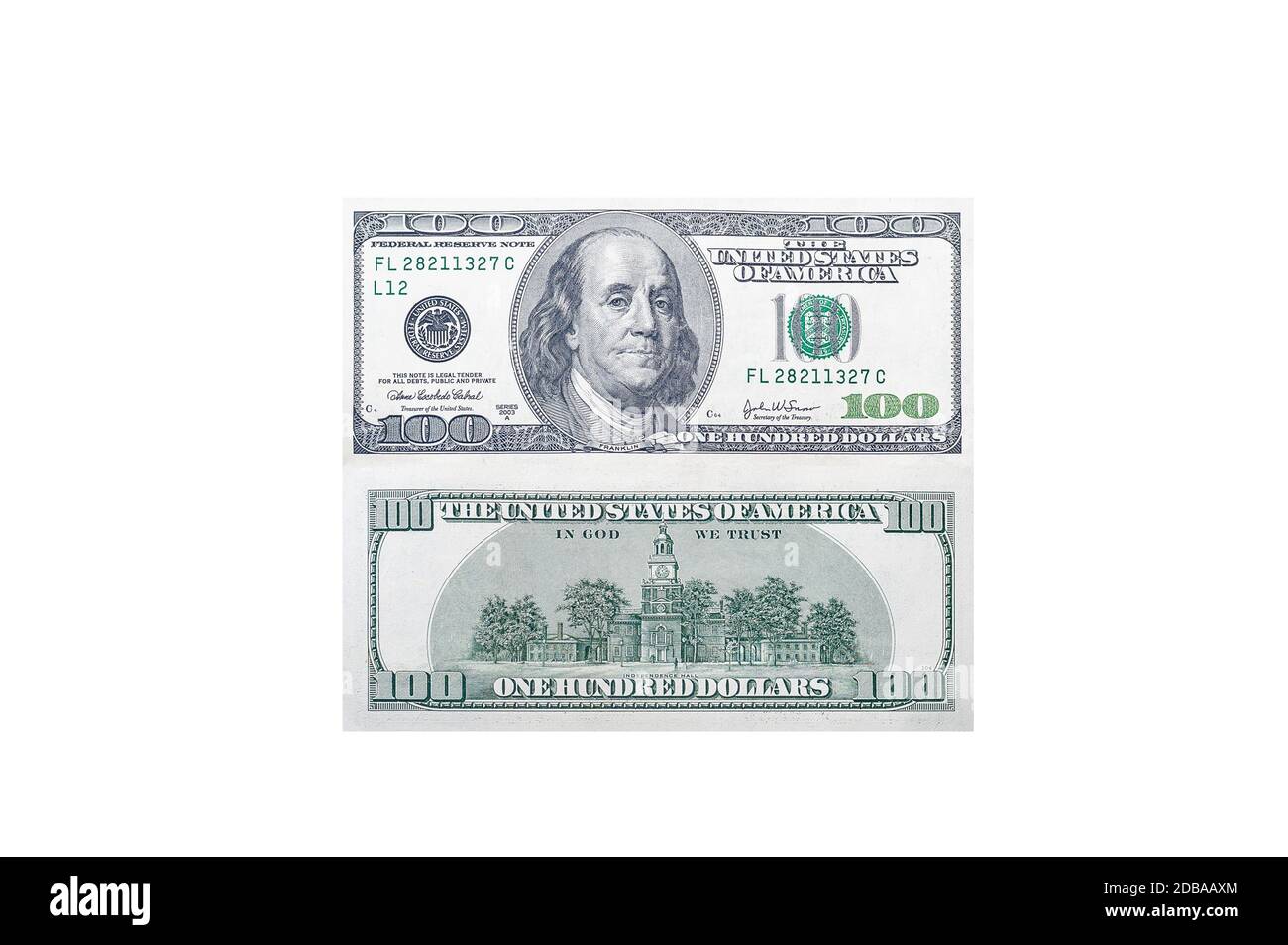Front and back side of a 100 US dollar bill with a portrait of American President Benjamin Franklin on an isolated white background Stock Photo