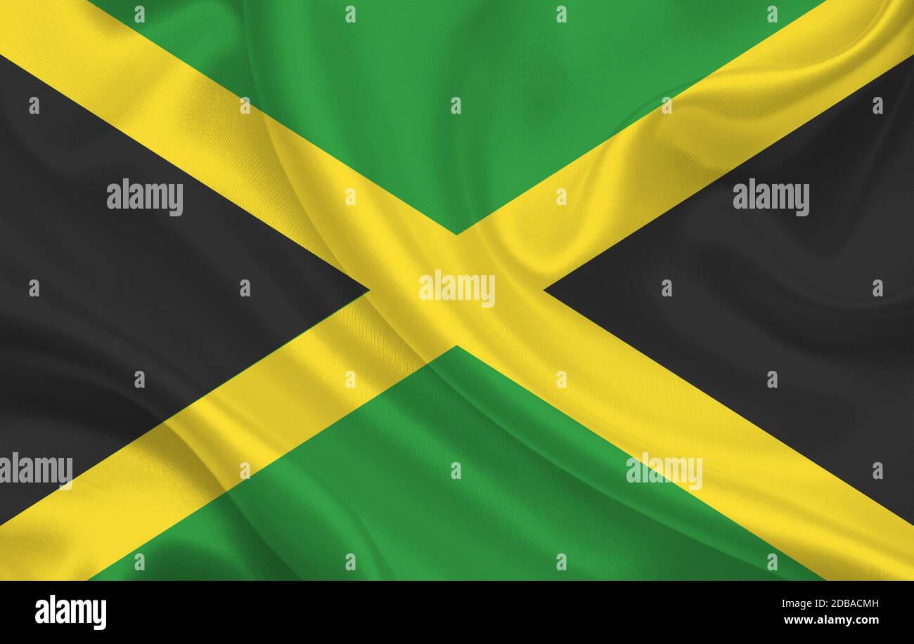 Jamaica country flag on wavy silk fabric background panorama - illustration Stock Photo