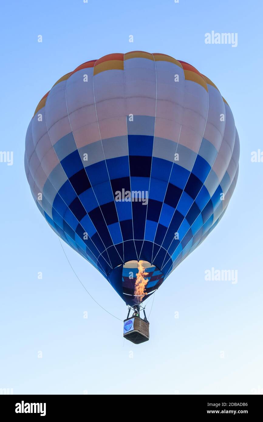 Hot air balloon or aerostat, bright burning fire flame from gas burner