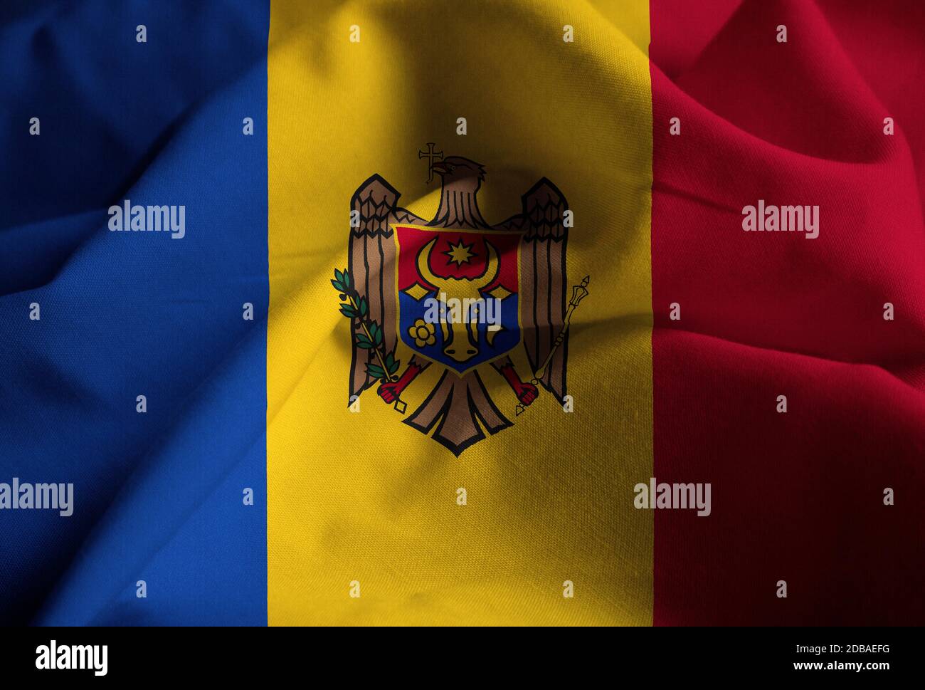 Closeup of Ruffled Moldova Flag, Moldova Flag Blowing in Wind Stock Photo