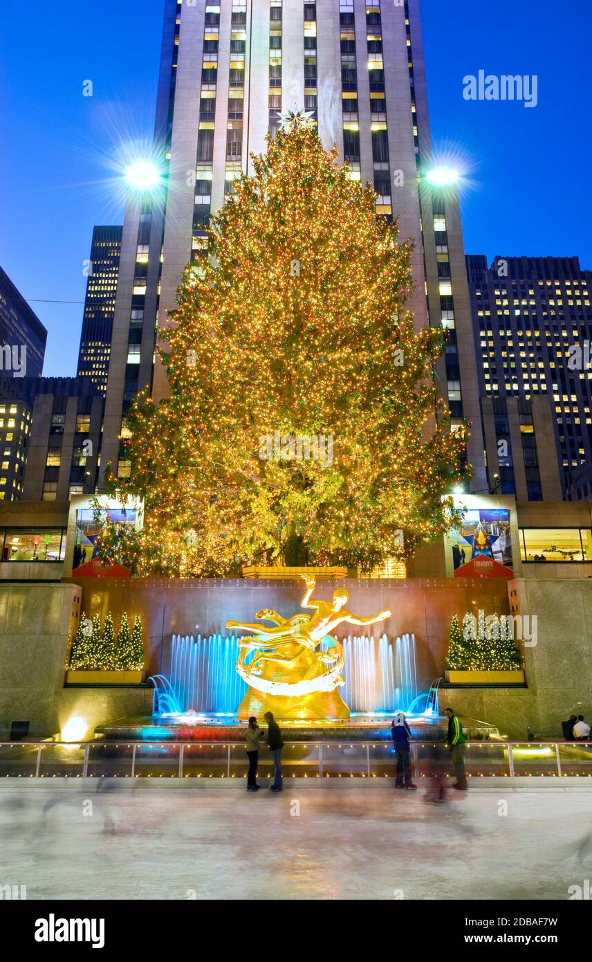 Christmas in New York Rockefeller Plaza Rockefeller Center Skating Rink Stock Photo