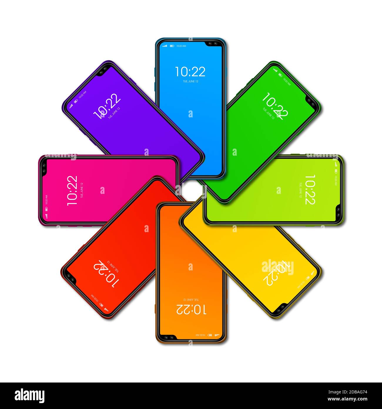 Rainbow colorful smartphone set in circle shape. isolated on white background. 3D render Stock Photo