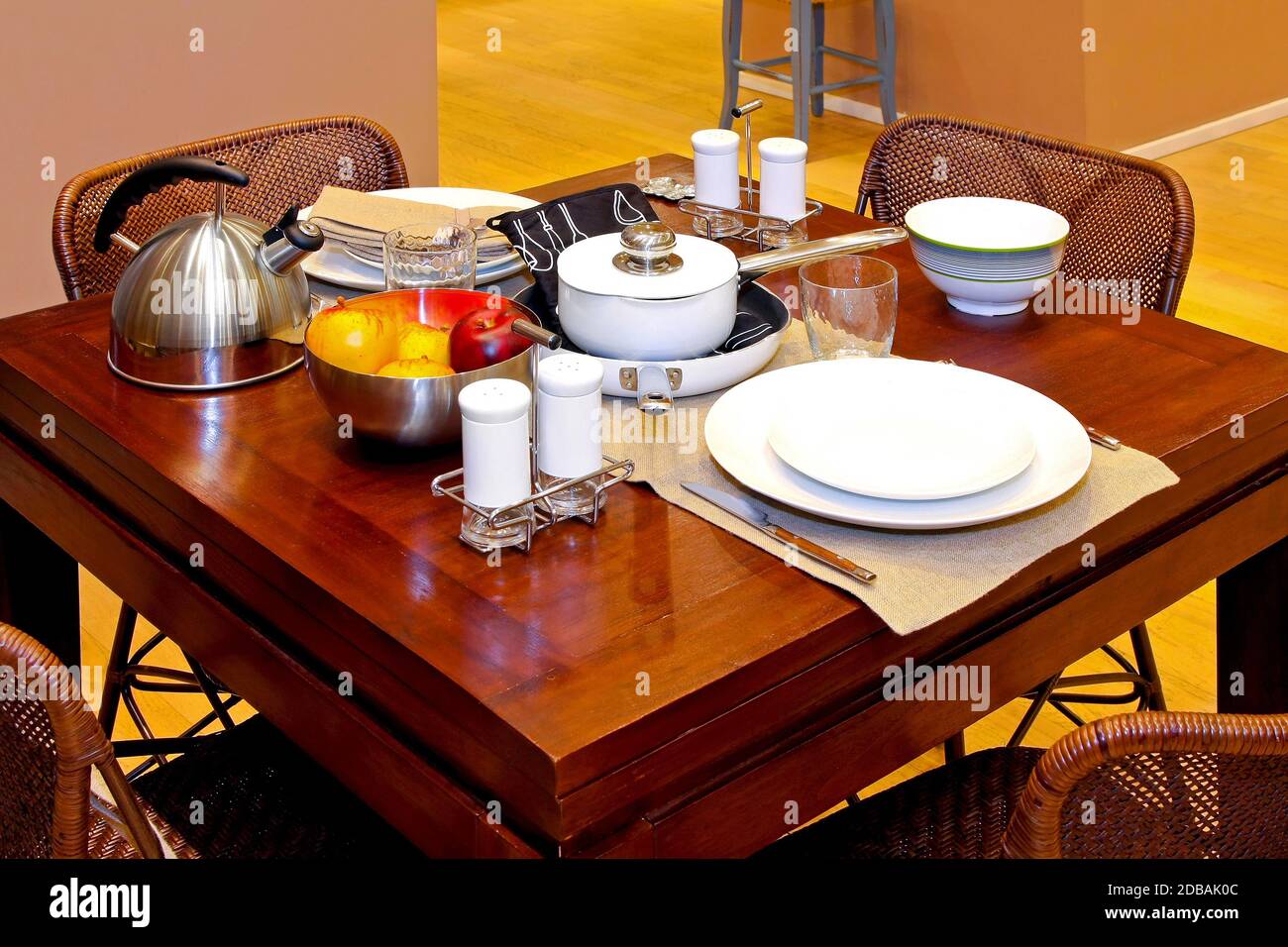 Kitchen table setup for breakfast with teapot Stock Photo Alamy
