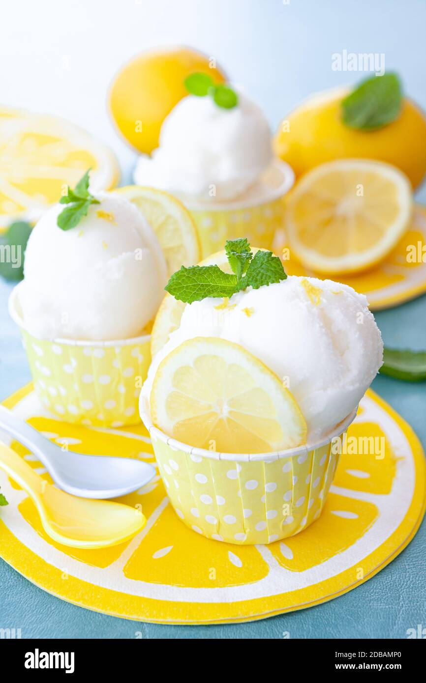 Ice cold lemon sorbet with fresh mint leaves Stock Photo