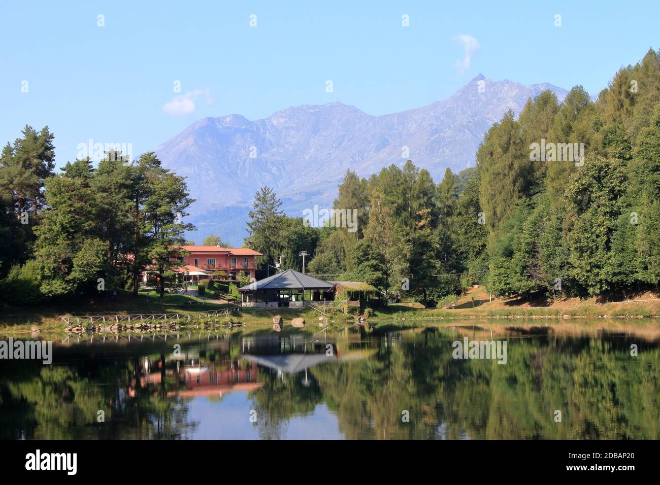 Autumn 2019: classic panorama of an alpine lake in a valley of morainic origin, Italian Alps in Piedmont region Stock Photo