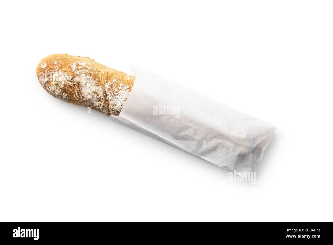 Fresh whole grain bread baguette in paper bag isolated on white ...