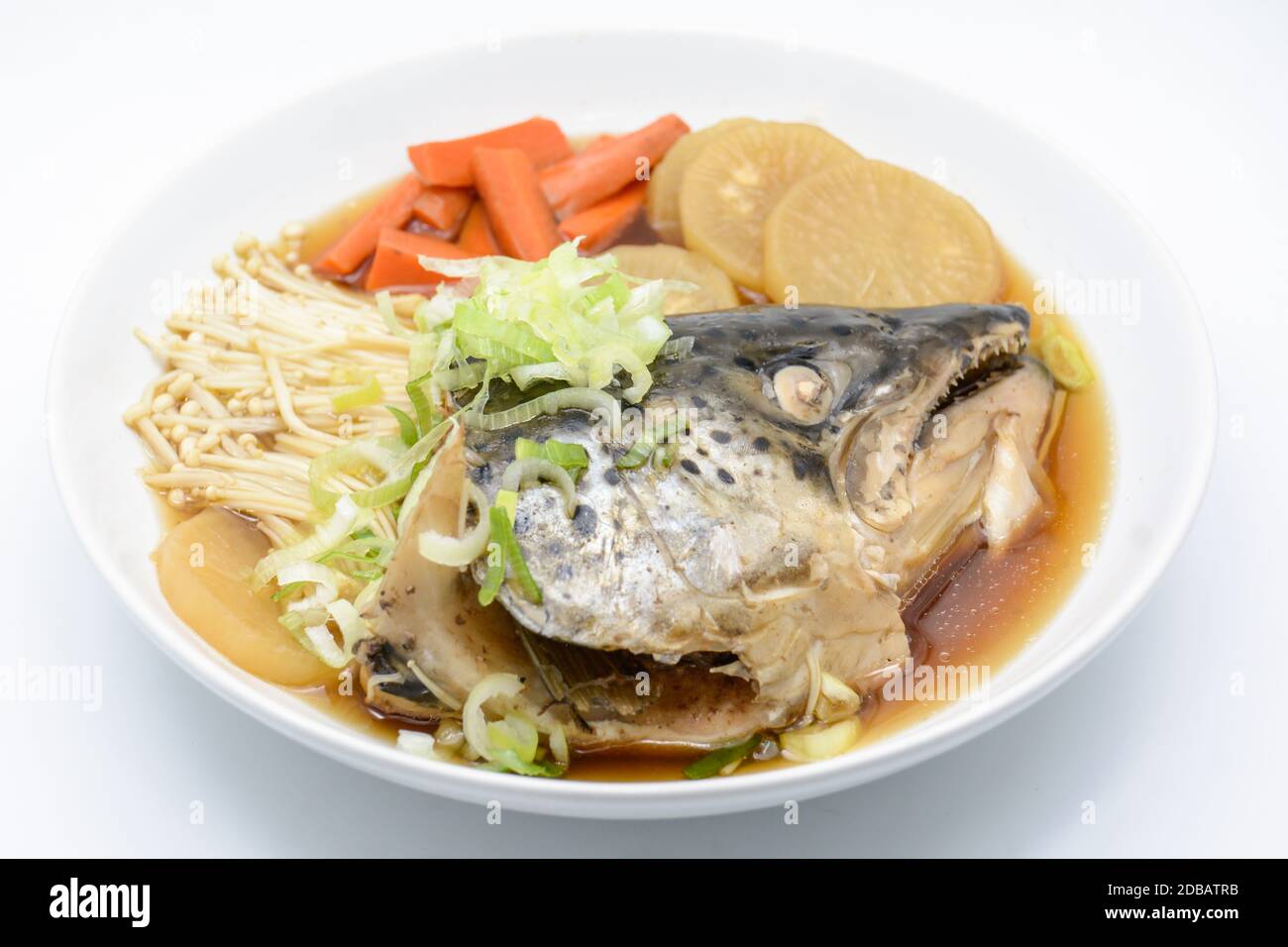 Soup Salmon in soy source with vegetables, Japanese foods Stock Photo