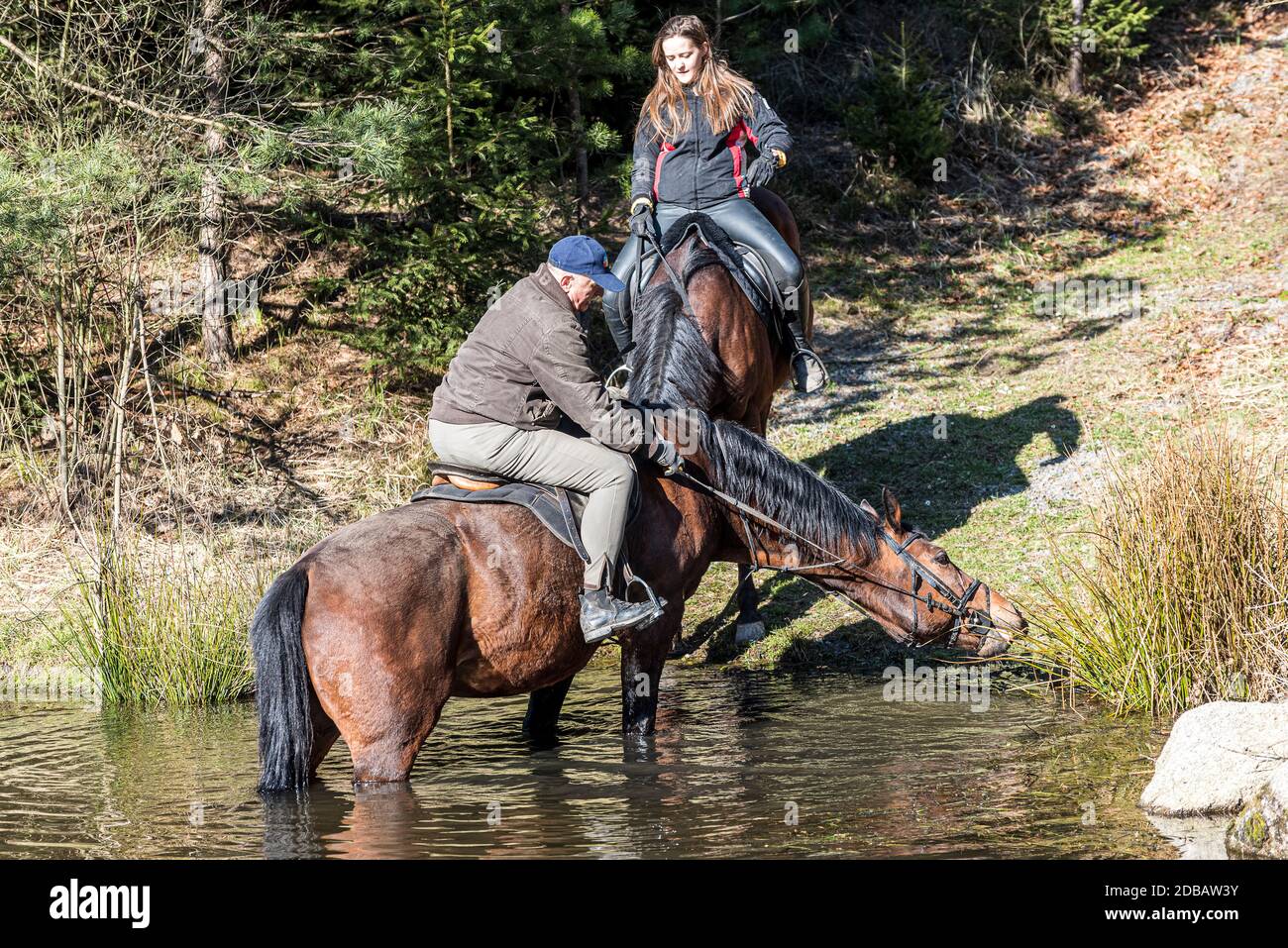 Two rides on horses in a pond Stock Photo