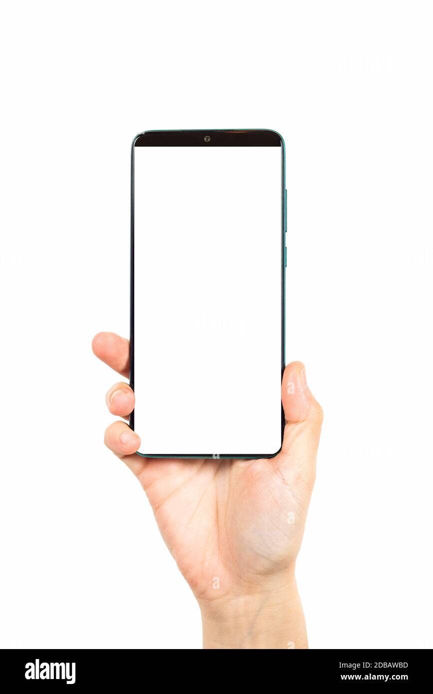 woman's hand holding smartphone isolated on white background Stock ...
