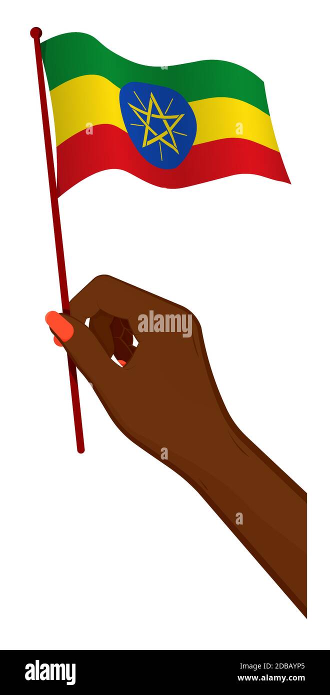 Female hand gently holds small flag of ethiopia. Holiday design element. Cartoon vector on white background Stock Vector