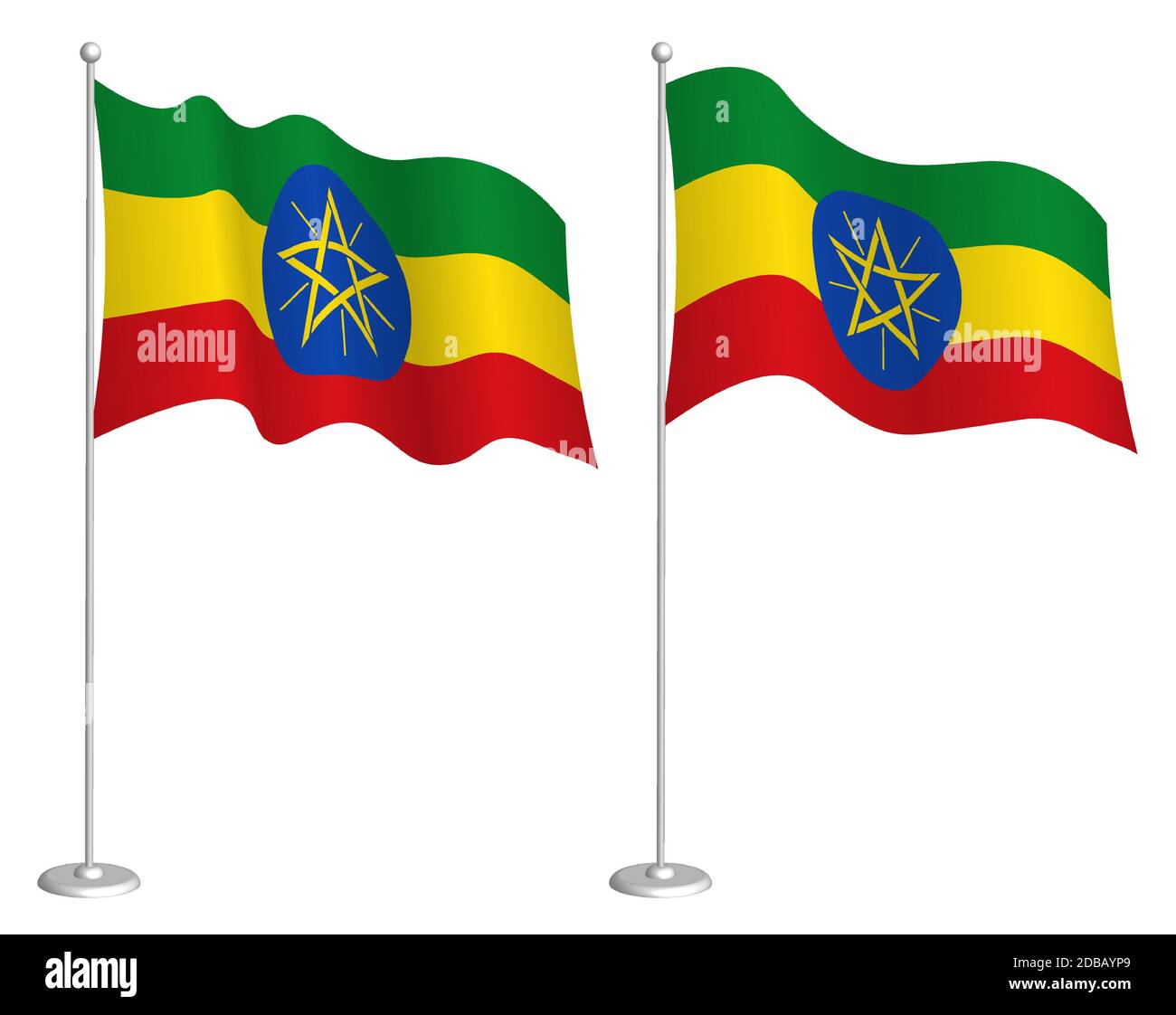 flag of ethiopia on flagpole waving in wind. Holiday design element. Checkpoint for map symbols. Isolated vector on white background Stock Vector