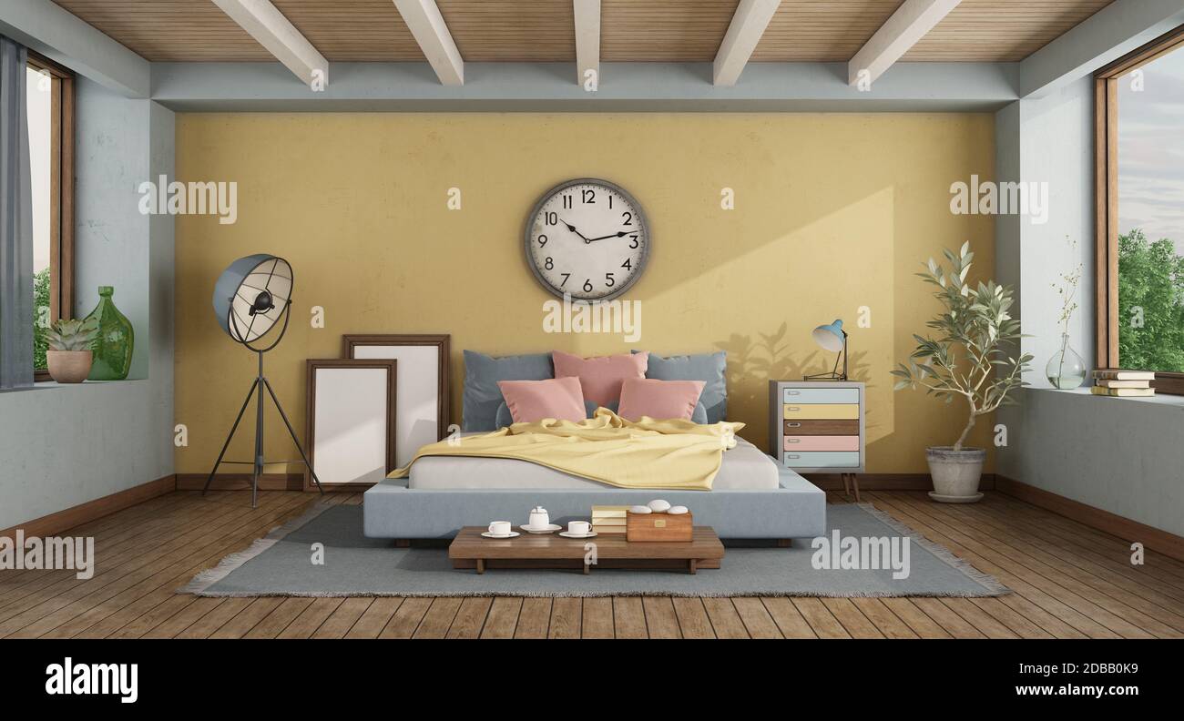 Classic style master bedroom with colorful double bed against yellow