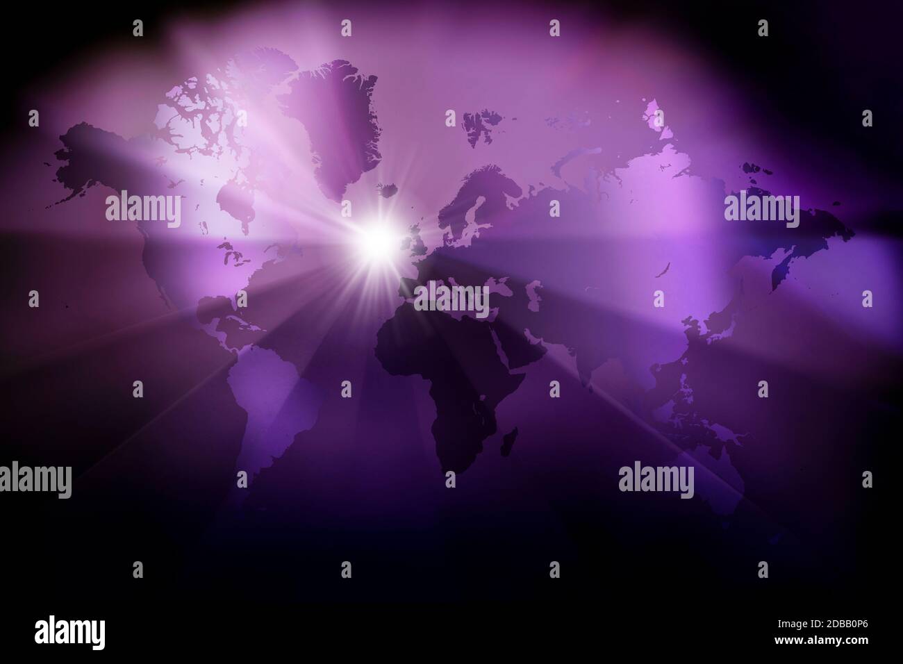 Purple world map with light beams Stock Photo