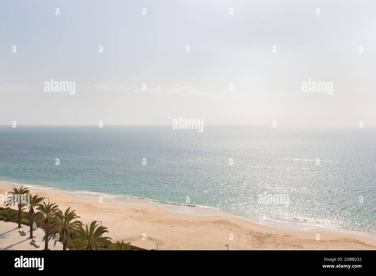 aerial view of Sesimbra beach, Portugal with palm trees and fine sand Stock Photo