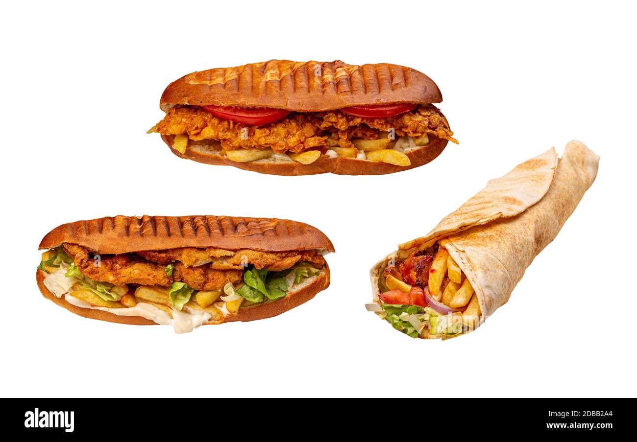 Set of pannini sandwiches and wrap on white background Stock Photo