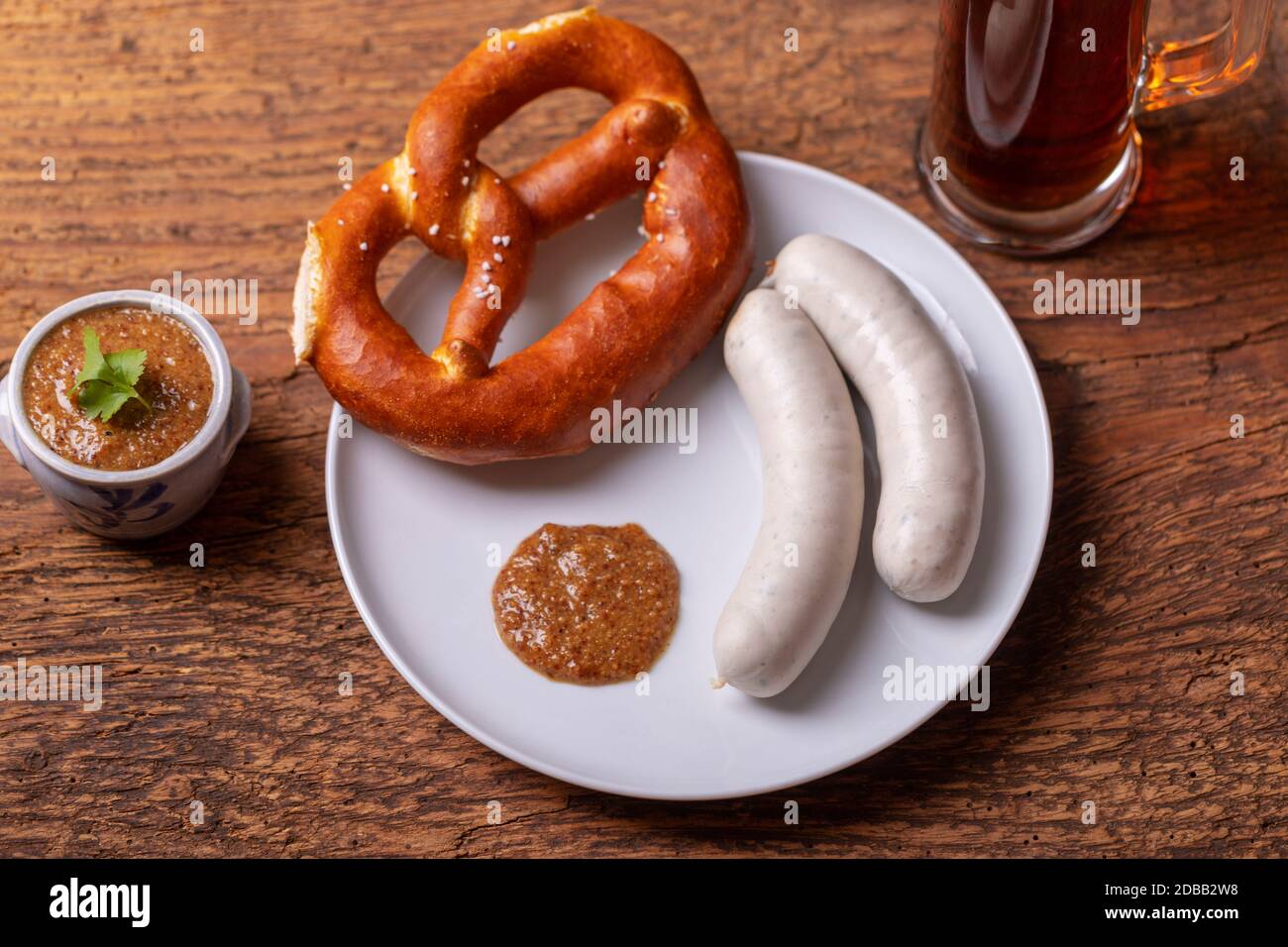 bavarian white sausages with pretzel Stock Photo